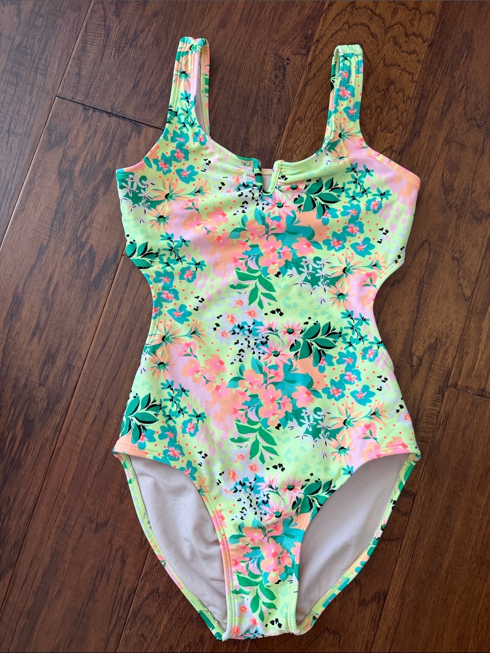 Girls sz 14 One-Piece Swimsuit with open back in Neon green, yellow & coral